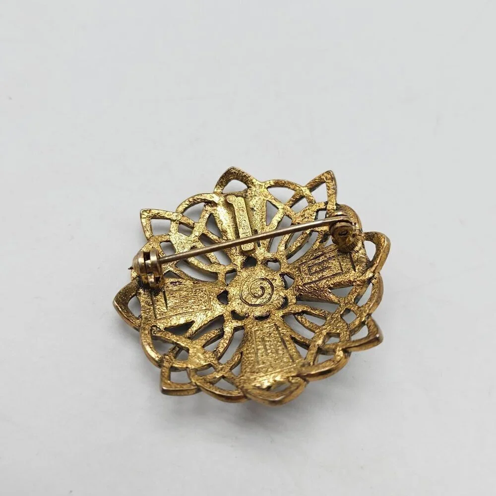 Vintage Sol D'or Celtic Knot Brooch With Multicolor Stones Gold Tone Pin
